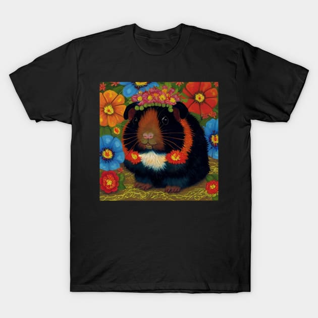 Pretty Black Guinea Pig With Red Flowers T-Shirt by kansaikate